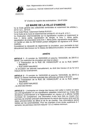 26 At 0354 Reg Circu Rue De Vignacourt Et Rue Saint Maurice Du 16 03 26 Au 18 03 26 De 20h15 A 6h