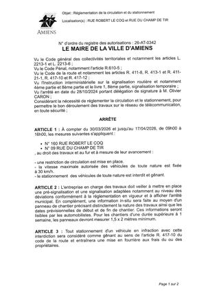 26 At 0342 Reg Circu Et Statio Du 30 03 26 Au 17 04 26 De 9h A 16h N160 Rue Robert Le Coq N9 Rue Du Champ De Tir
