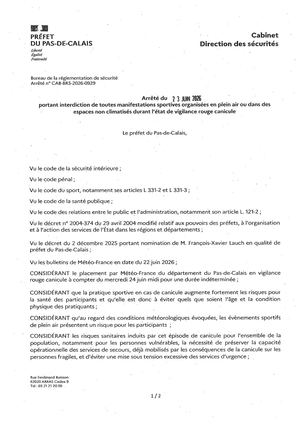 ARRÊTÉ PREFECTORAL INTERDICTION MANIFESTATIONS SPORTIVES PLEIN AIR OU ESPACES NON CLIMATISÉS VIGILANCE ROUGE CANICULE