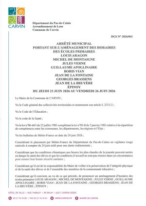 ARRÊTÉ AMÉNAGEMENT DES HORAIRES DES ÉCOLES DE CARVIN