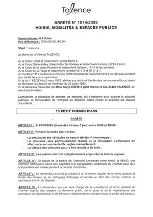 Arrete 1514-2026-Livraison-13 Petit Chemin D'ars-Publié Le 24 06 2026