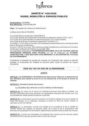 Arrete 1484-2026-Occupation Place Stationnement Face Au 140-142 Rue Medoquine Du 24-06 Au 18-12-2026-Publié Le 24 06 2026
