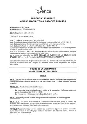 Arrete 1534-2026-Reparation Cable Telecom Crs De La Liberation Du 25-06 Au 09-07-2026-Publié Le 24 06 2026