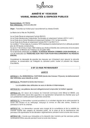 Arrete 1538-2026-Tranchee Sur TRottoir Racoordement Enedis 2-23 Rue Peybouquey Du 29-06 Au 13-07-2026 Publié Le 24 06 2026