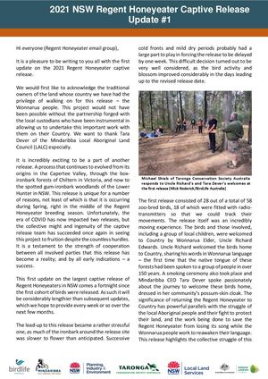 2021 NSW Regent Honeyeater Captive Release - Community Update #1