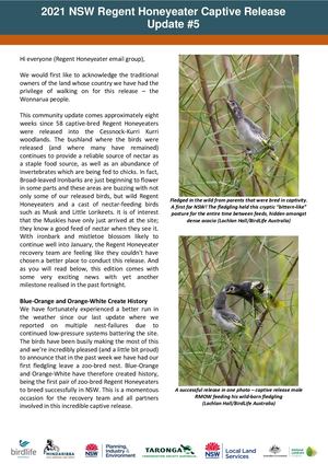 2021 NSW Regent Honeyeater Captive Release - Community Update #5
