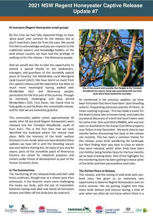 2021 NSW Regent Honeyeater Captive Release - Community Update #7