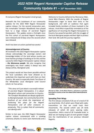 2022 NSW Regent Honeyeater Captive Release - Community Update #1