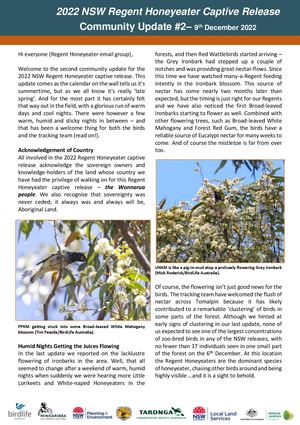 2022 NSW Regent Honeyeater Captive Release - Community Update #2