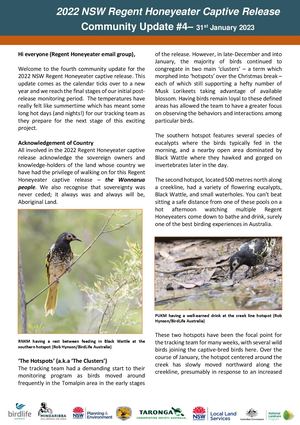 2022 NSW Regent Honeyeater Captive Release - Community Update #4