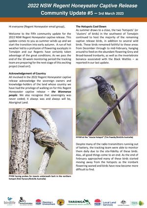 2022 NSW Regent Honeyeater Captive Release - Community Update #5