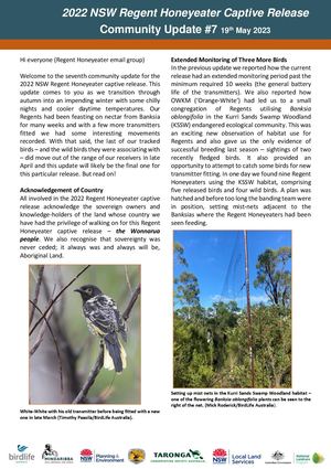2022 NSW Regent Honeyeater Captive Release - Community Update #7