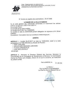 26 At 0986 Réglementation Du Stationnement Rue Lavalard, Bld Maignan Lariviere, Place Longueville Et Rue Des Louvels Abrogé