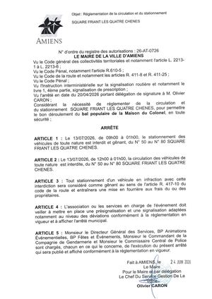 26 At 0726 Réglementation De La Circulation Et Du Stationnement Square Friant Les Quatre Chenes Le 13 07 2026