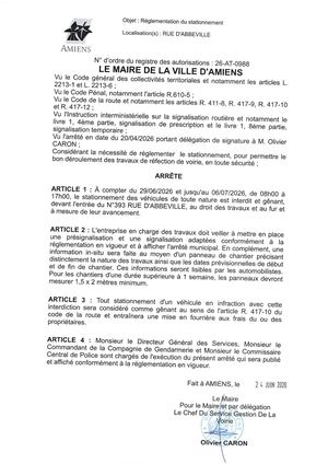 26 At 0988 Réglementation Du Stationnement Rue D'abbeville Du 29 06 2026 Au 06 07 2026