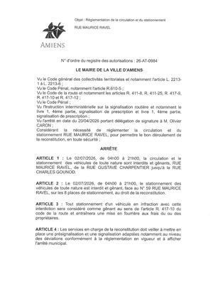 Arrêté Municipal Pour La Reconstitution Rue Maurice Ravel Le 02 07 2026