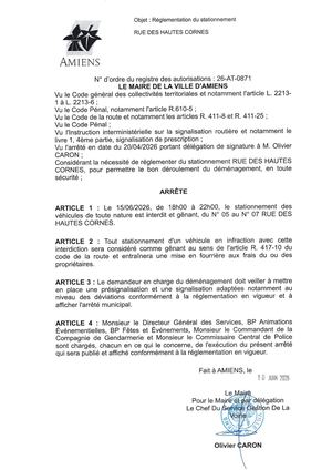 26 At 0871 Réglementation Du Stationnement Rue Des Hautes Cornes Le 15 06 2026 De 18h à 22h