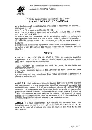 26 At 0868 Réglementation De La Circulation Et Du Stationnement Rue Saint Fuscien Le 17 06 2026