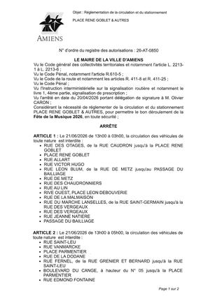26 At 0850 Réglementation De La Circulation Et Du Stationnement Place Rene Goblet & Autres Le 21 06 2026