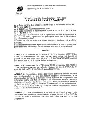 26 At 0863 Réglementation De La Circulation Et Du Stationnement Place Longueville Du 02 07 2026 Au 03 07 2026