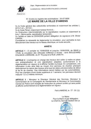 26 At 0856 Réglementation De La Circulation Bld D'alsace Lorraine Du 10 06 2026 Au 19 06 2026