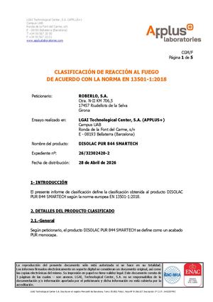 PUR 844 SMARTECH - Certificación EN 13501-1:2028