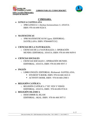 Libros De Texto Primaria 2026 2027