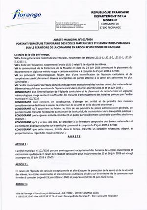 Art103 2026 Portant Fermeture Temporaire Des Ecoles Maternelles Et Elementaires Publiques Sur Florange En Raison De La Canicule