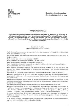 Arrêté Préfectoral Du 23 06 2026 Réglementation Temporaire De L'usage De L'eau Dans Le Morbihan Au Titre De La Sécheresse (1)