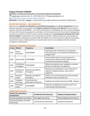Cv 4 Hugues Christian Lingani Spécialiste En Gestion Des Subventions, Partenariats & Réponse Humanitaire