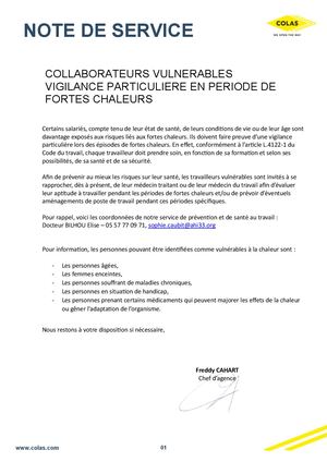 Note De Service Personnes Vulnérables