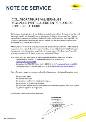 Note De Service Personnes Vulnérables