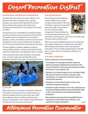 Afterschool Recreation Coordinator Recruitment Flyer