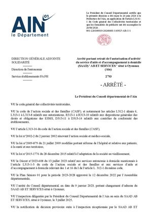 Arrêté Portant Retrait De L'autorisation D'activité Du Service D'aide Et D'accompagnement à Domicile (Saad) Ab Et Services Situé à Oyonnax (Ain)
