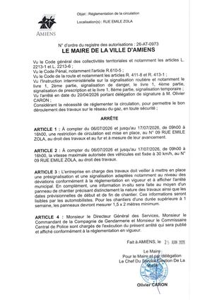 26 At 0973 Réglementation De La Circulation Rue Emile Zola Du 06 07 2026 Au 17 07 2026