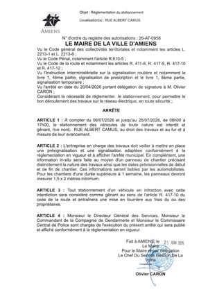 26 At 0958 Réglementation De Stationnement Rue Albert Camus Du 06 07 2026 Au 25 07 2026