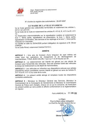 26 Ap 0087 Réglementation De Stationnement Rue Jean Calvin Chargement Et Déchargement De Marchandise 7 Jrs Sur 7 Et 24h 24h