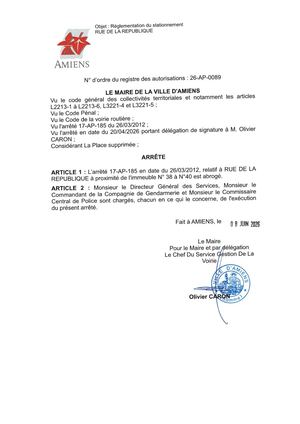 26 Ap 0089 Réglementation De Stationnement Rue De La République Arrêté 14 Ap 185 Est Abrogé
