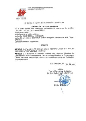 26 Ap 0088 Réglementation De Stationnement Rue De La République Arrêté 24 Ap 0096 En Date Du 12 04 2024 Est Abrogé