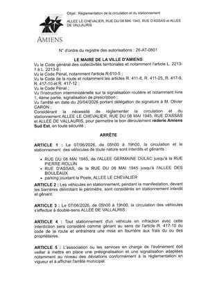 26 At 0801 Réglementation De Stationnement Et Circulation Allée Le Chevalier & Autres Réderie Amiens Sud Est Le 07 06 2026