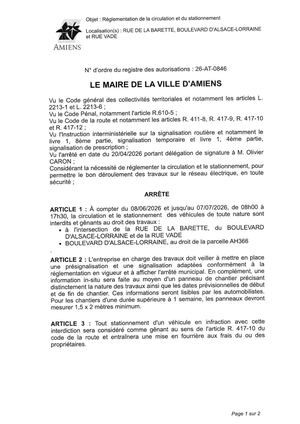 26 At 0846 Réglementation De Stationnement Et Circulation Rue De La Barette, Bld D'alsace Lorraine Et Rue Vade Du 08 06 2026 Au 07 07 2026