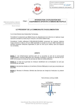 Ar1 2026 00965 Période Canicule Rouge Interdiction D'utilisation Des éQuipements Sportifs D'amiens Métropole