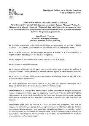 ARRETE PORTANT INTERDICTION BAIGNADE COURS D'EAU ET PLANS EAU NON AMENANGES