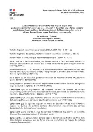 ARRETE PORTANT INTERDICTION CONSOMMATION ET VENTE ALCOOL VP