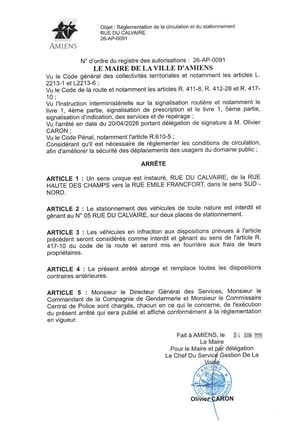 26 Ap 0091 Réglementation De Stationnement Et Circulation Rue Du Calvaire Sens Interdit (Ou Sens Unique) Et 2 Interdiction De Stationnement