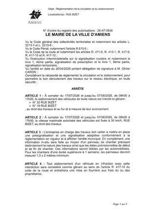 26 At 0836 Réglementation De Stationnement Et Circulation Rue Bizet Du 17 06 2026 Au 07 08 2026