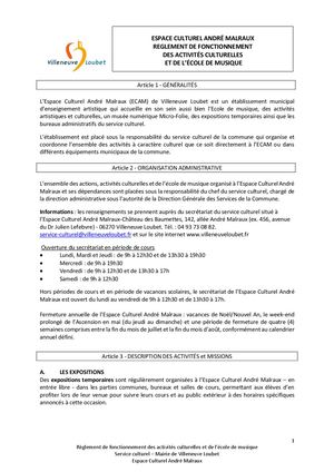 Reglement De Fonctionnement Des Activités De L' Espace Culturel A Malraux Validé Au 09 06 26