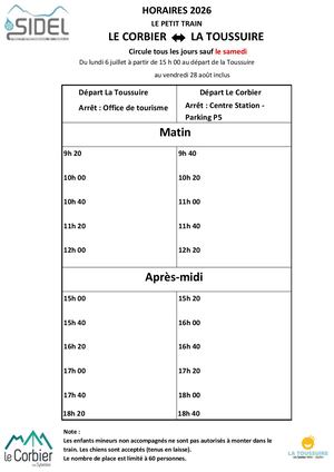 Horaires Petit train touristique La Toussuire < > Le Corier