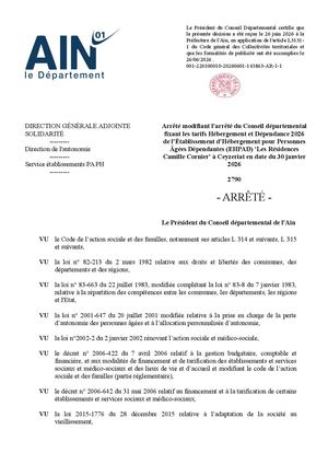Arrêté Modifiant L'arrêté Du Conseil Départemental Fixant Les Tarifs Hébergement Et Dépendance 2026 De L'ehpad Les Résidences Camille Cornier à Ceyzeriat En Date Du 30 Janvier 2026