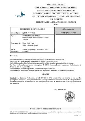 Arrêté 26 287 491 Rue De Quesnoy
